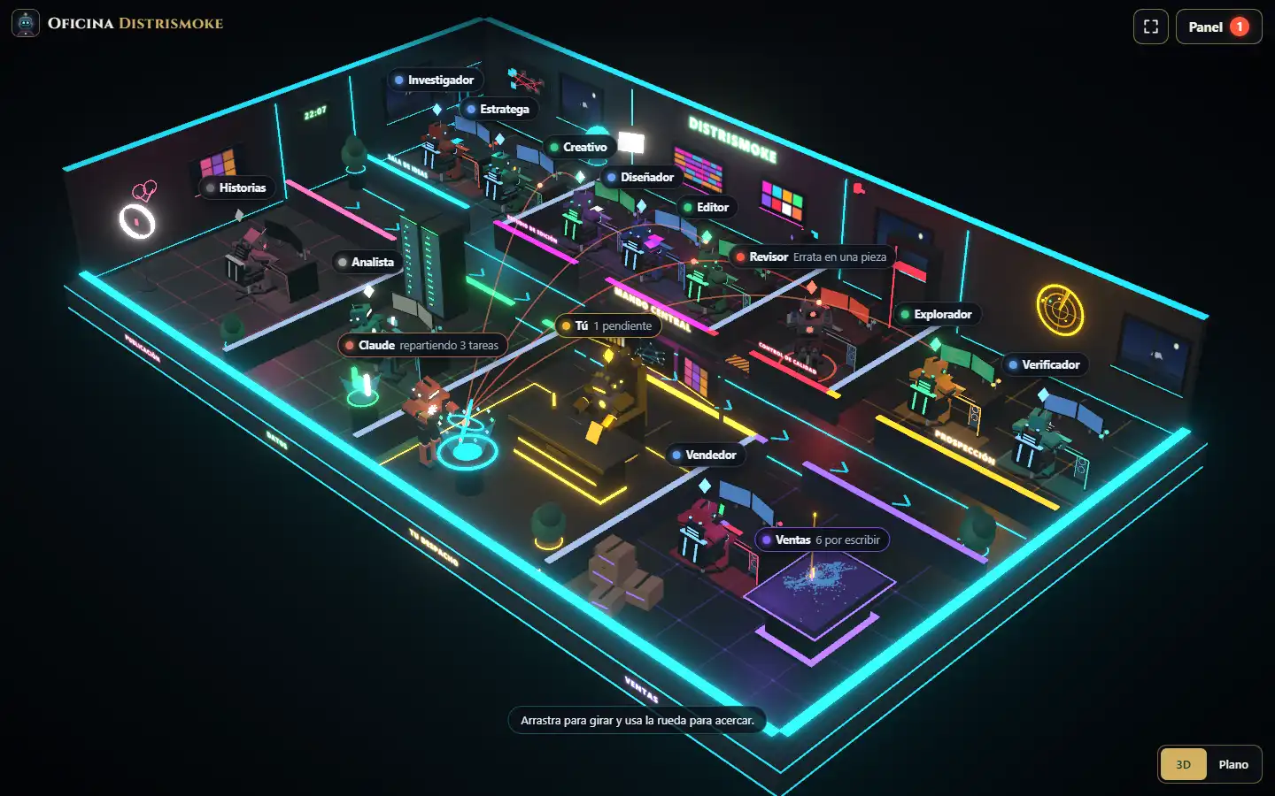 Captura del modo de demostración de la oficina de agentes: puestos, robots y mapa de Colombia, con datos de ejemplo.